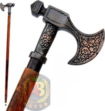 Antique Three Fold Wooden Walking Stick Cane Unique Viking Axe Design Handle Art