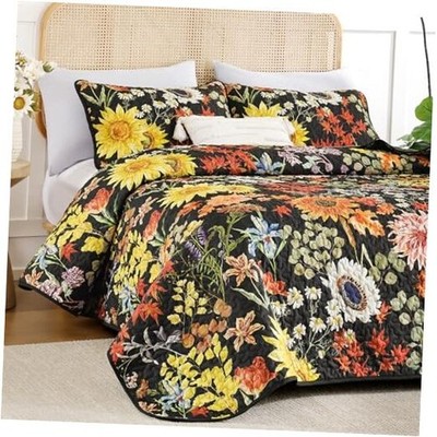  Quilt King Size Yellow Sunflower Floral Bedspreads Bedding King 106''x90'' Black