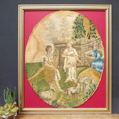 Antique Silkwork Framed Needlepoint Embroidery Georgian Portrait Countryside Art