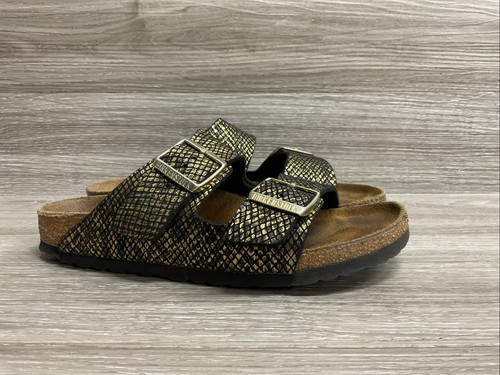 Birkenstock Sandals Womens 37 6 Arizona Black Microfiber Shiny Python Slide Gold
