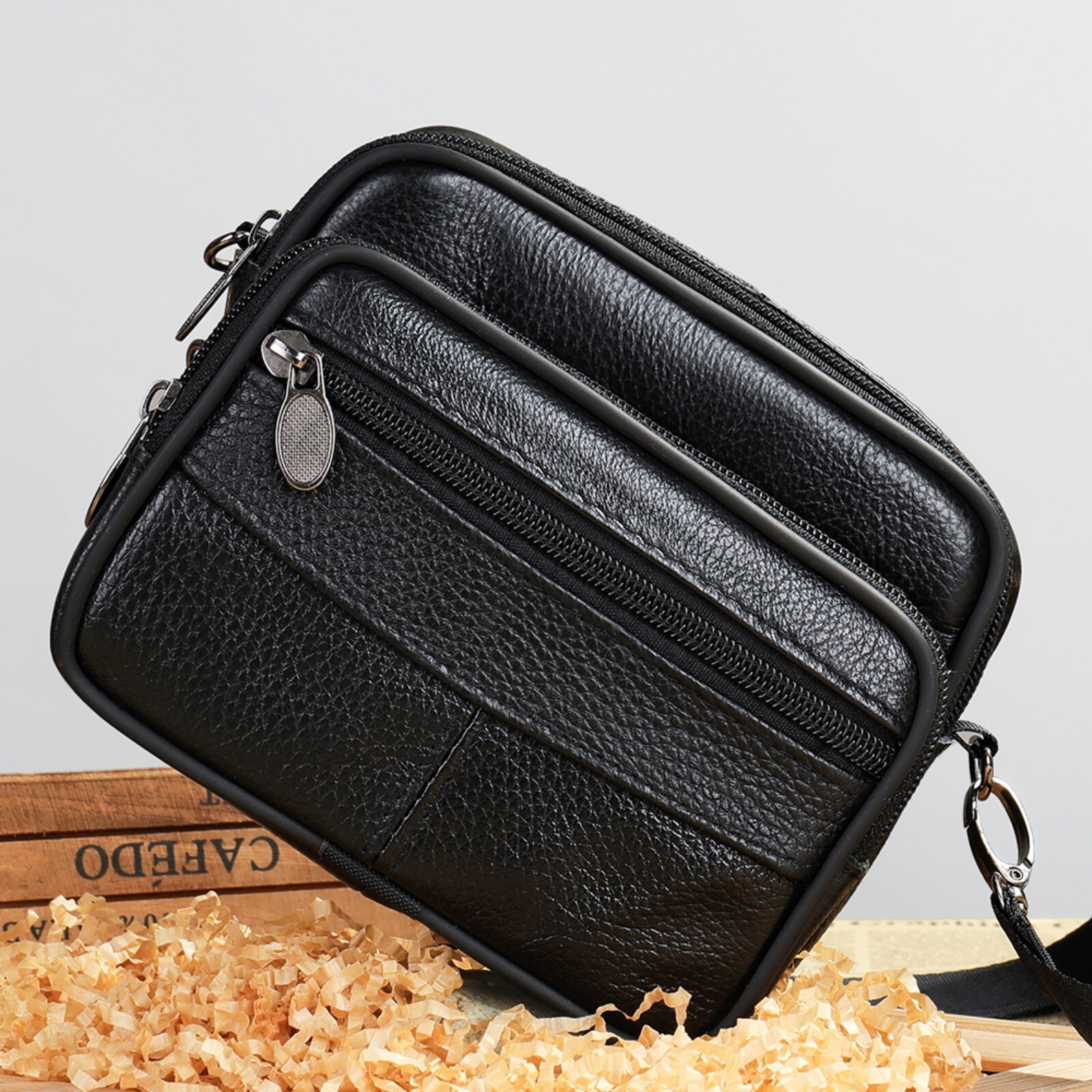 Bolso bandolera de cuero genuino para hombre con varios bolsillos Riñonera de...