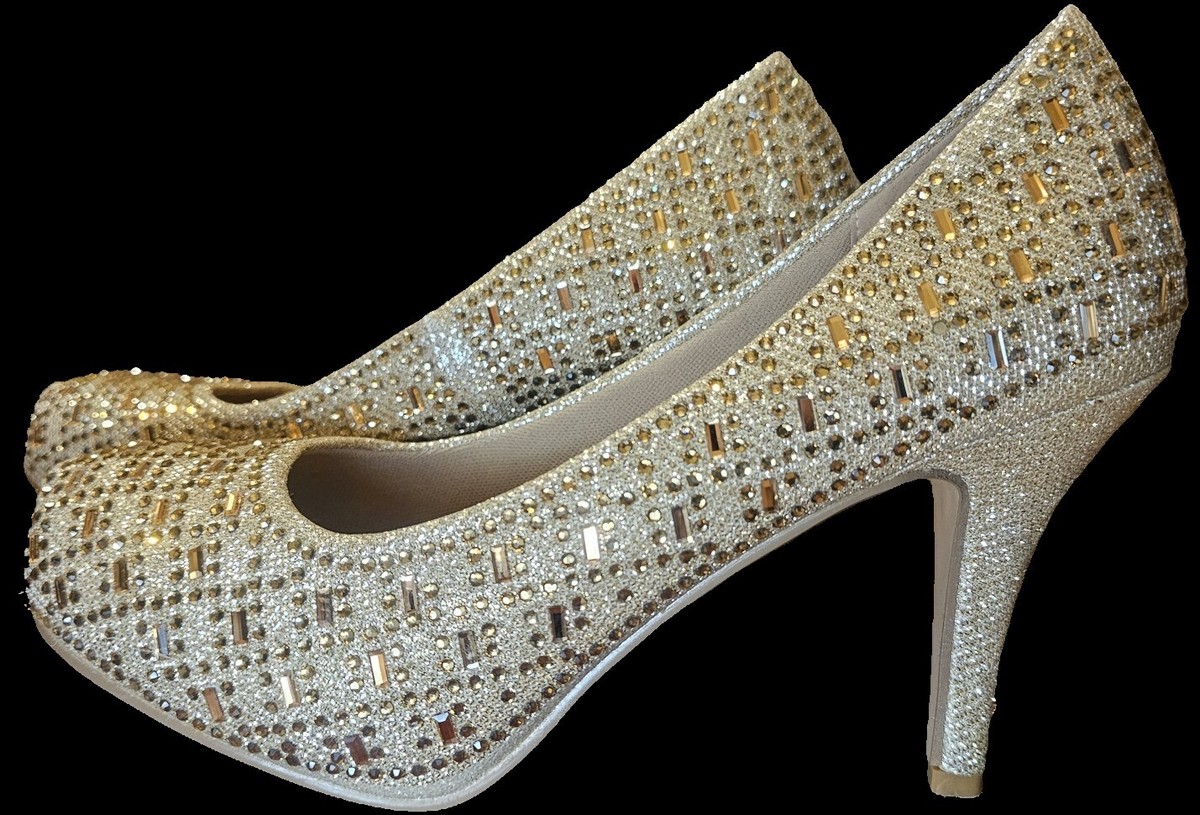 Champagne Rhinestone Heals, Size Formal, Prom, Wedding Shoes