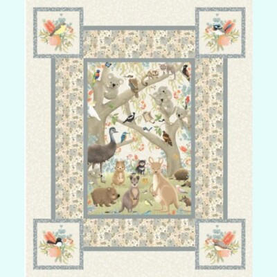 Jen Digital Art Cot Panel Bush Animals Australia - Patchwork Quilting Fabric