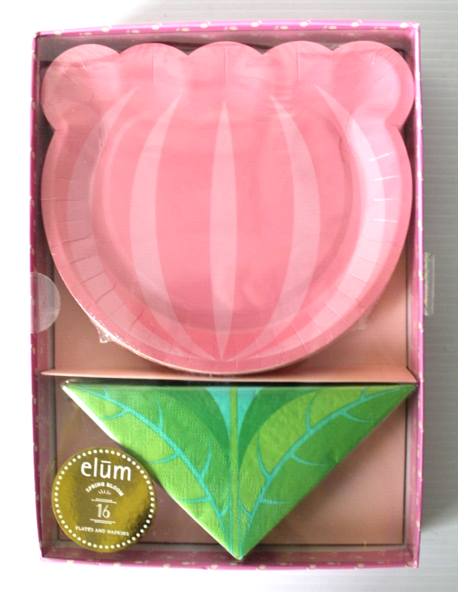 New Elum Spring Bloom 16 Pink Tulip Flower Paper Plates & Green Leaf Napkins Set eBay