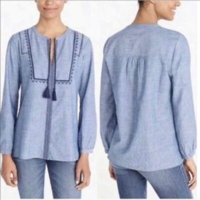 J. Crew Top Tunic Chambray Mercantile Boho Blue Embroidery Tassel Women's Small