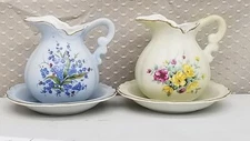 2-Vintage 1950s Lefton China Hand Painted Creamer Pitchers & Plates Shelf J4 