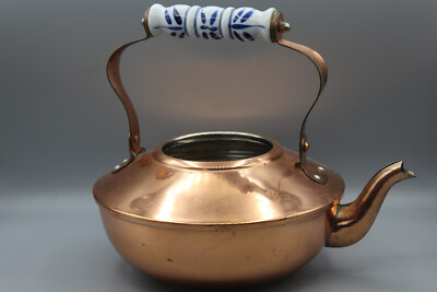 Vintage Copper Tea Pot Kettle With Blue And White Porcelain Handle