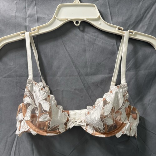 Fleur du Mal Lily Embroidery Plunge Demi Bra Ivory NWOT 34A Underwire BR0256