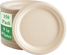 150 Pack 9 Inch Compostable Paper Plates Heavy Duty Sugarcane Disposable
