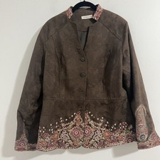 Coldwater Creek Jacket Womens 12 Brown Paisley Embroidered Boho Floral Lined