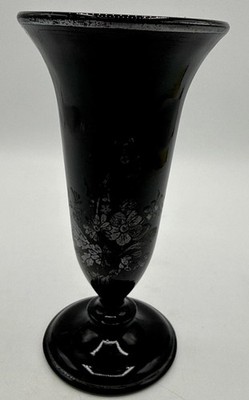 Vintage LE Smith Black Amethyst Glass Bud Vase Floral Silver Overlay 6'' Footed