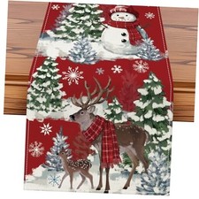 Reindeer Snowman Christmas Tree Table Runner, Xmas Winter 13" x 72" Red