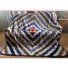 Handmade QUEEN Diamond Patchwork Quilt Blue Green Beige Pink Yellow Accent