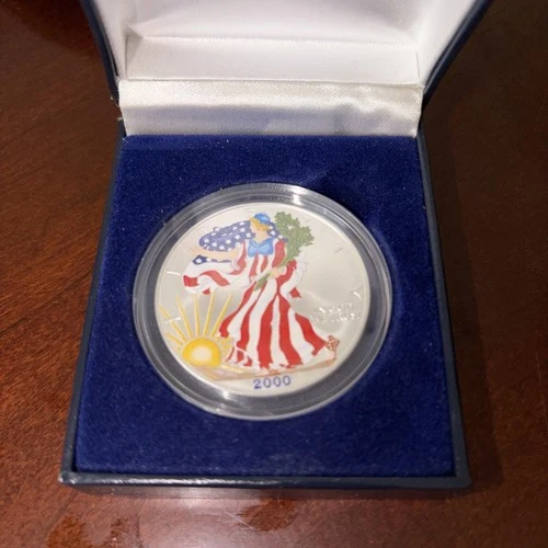 2000 American Silver Eagle Dollar 1 oz fine silver in BOX  Unc. Colored coin