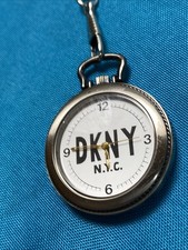 DKNY Silver Pocket Watch With Silver Chain Quartz Works New Battery