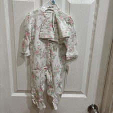 Infant NWY "Little Me" white/pink snap up sleeper. Size 6 Months With Hat
