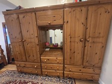 Freestanding Pine Wardrobe 4 Door 8 Drawer Central Rectangular Mirror Brown