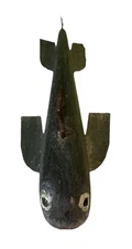 Wooden Fish Decoy Lure Ice Fishing Spearing Weighted Hand carved Metal Fins 7”