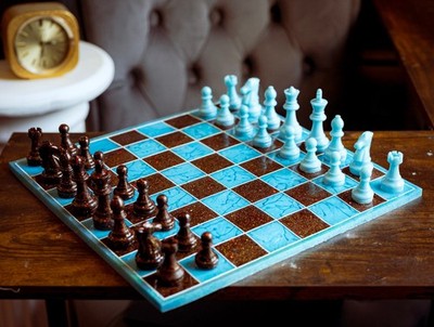 Handmade Resin Chess Set 12''x12'' Fire & Ice Blue Copper w/ Chess Pieces