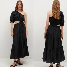 MANGO Asymmetical Cutout One Shoulder Black Cotton Maxi Dress US 10