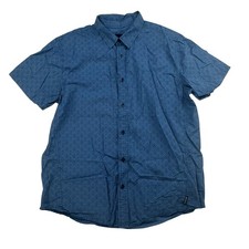 prAna Ulu Blue Button Up Shirt Geometric Print Short Sleeve 100% Organic Sz L