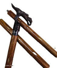 Nautical Antique Black Dragon Handle Brown wooden Brass Inlay Walking Stick