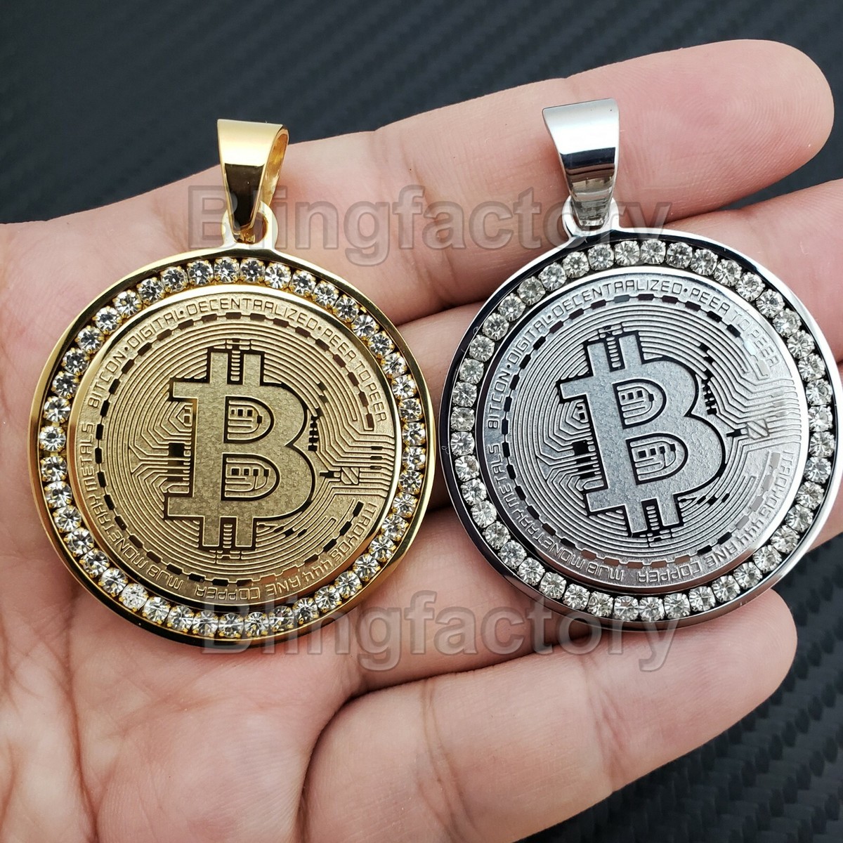 Iced Hip Hop Stainless steel BITCOIN Gold & Silver PT Medal Bling Charm  Pendant