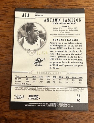2007-08 Topps Bowman Sterling Gold Refractor Patch Antawn Jamison /25 - Picture 2 of 2