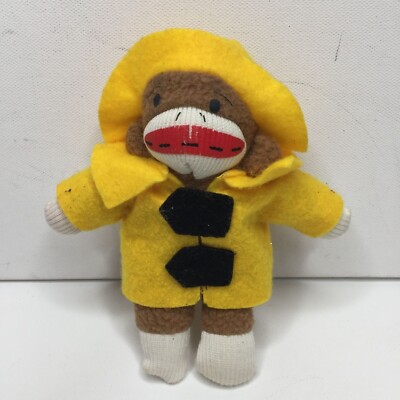 Sock Monkey Christmas Ornament Yellow Fire Jacket Hat Department Fireman  Plush