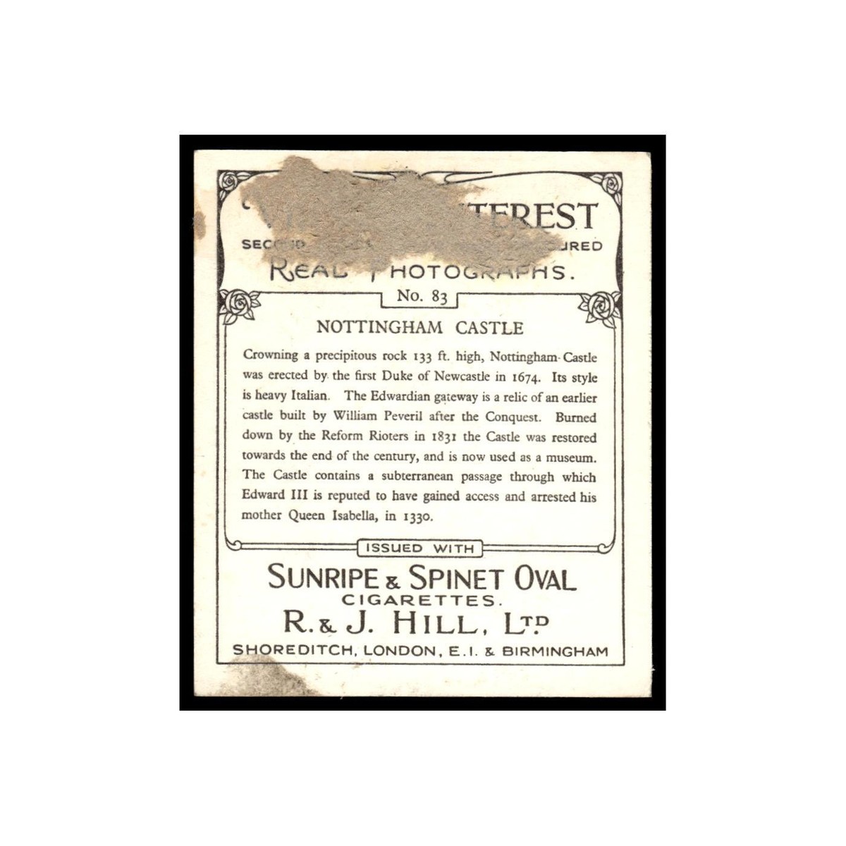 sunripe cigarette cards Nottingham Castle 1938 Sunripe Spinet Oval Cigarettes Views of Interest #83  Poor