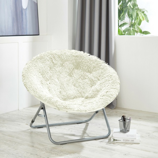 Oversized Moon Saucer Chair WHITE Mongolian Faux Fur Lounging Soft Wide