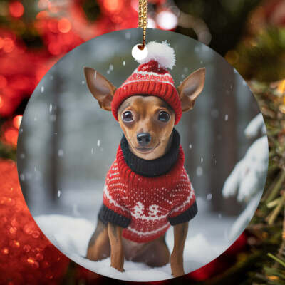 Cute Miniature Pinscher Dog Santa Hat Snow Winter Christmas