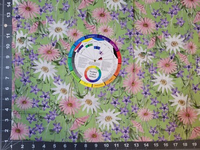 David Textiles Pink White Daisies on Light Green Cotton Quilt Craft Fabric 1 Yd