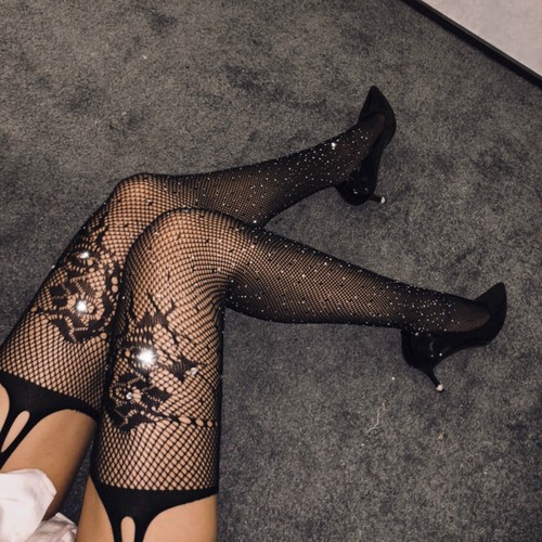 Women Sexy Crystal Stud Fishnet Garter Body Stockings Lace Jacquard Pantyhose - Picture 5 of 7