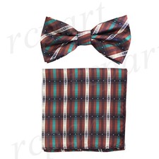 New Men's Pre-tied Bow tie  hankie brown green stripes striped formal wedding