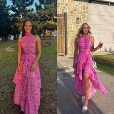 Aje Bungalow Sienna Gingham Halter Neck Maxi Dress Gown Pink AU Size 6 US Size 2