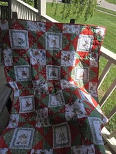 Christmas Animal Quilt Handmade Holiday Quilt Red Green White Cotton Quilt