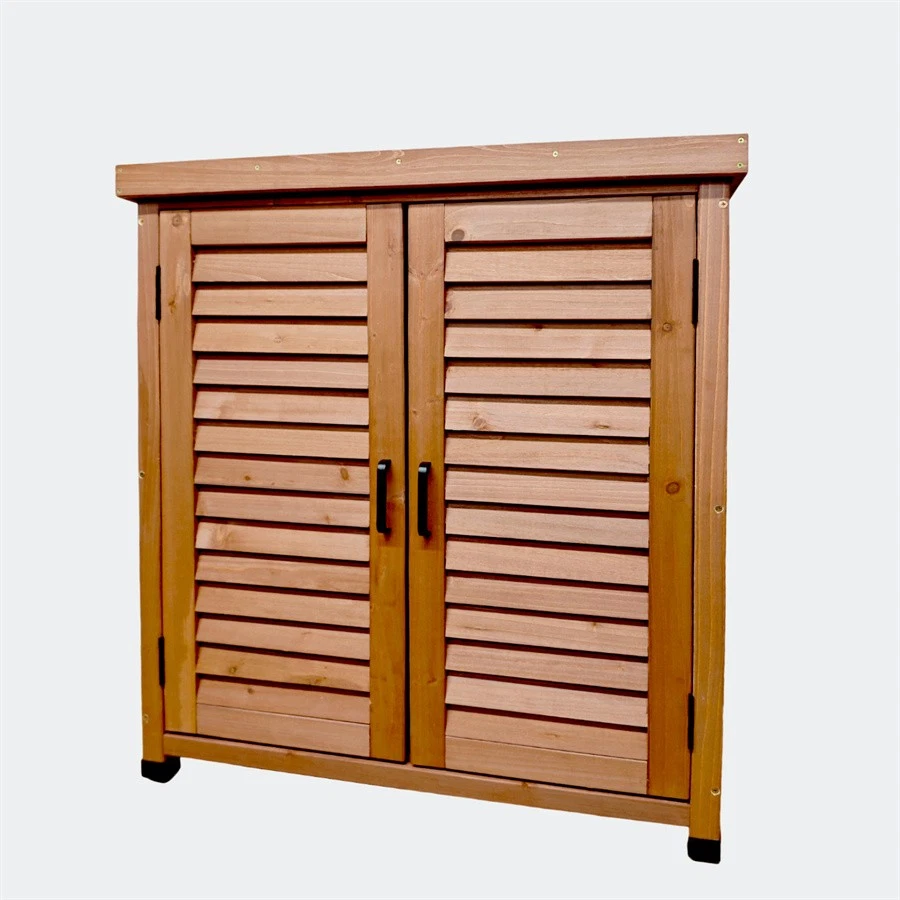 Armario de almacenamiento de patio de madera maciza marrón mesa de banco para macetas de jardín con tapa de metal Foto 4 de 4