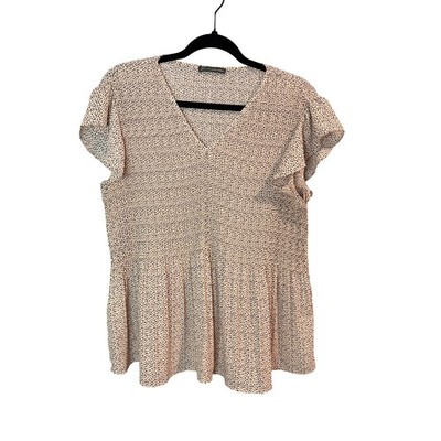 Adrianna Papell Beige Black Micro Print Ruffle Sleeve Peplum Blouse Womens M