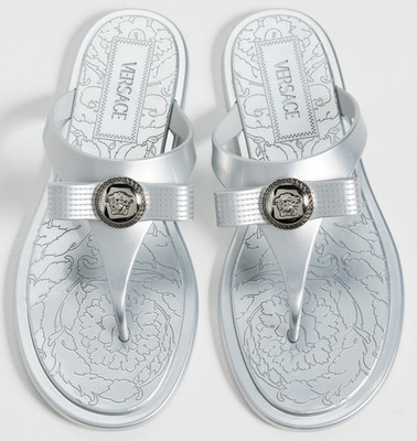 NIB Versace Gianni Ribbon Bow Medusa Logo Barocco Silver Thong Sandals 39 9 $795
