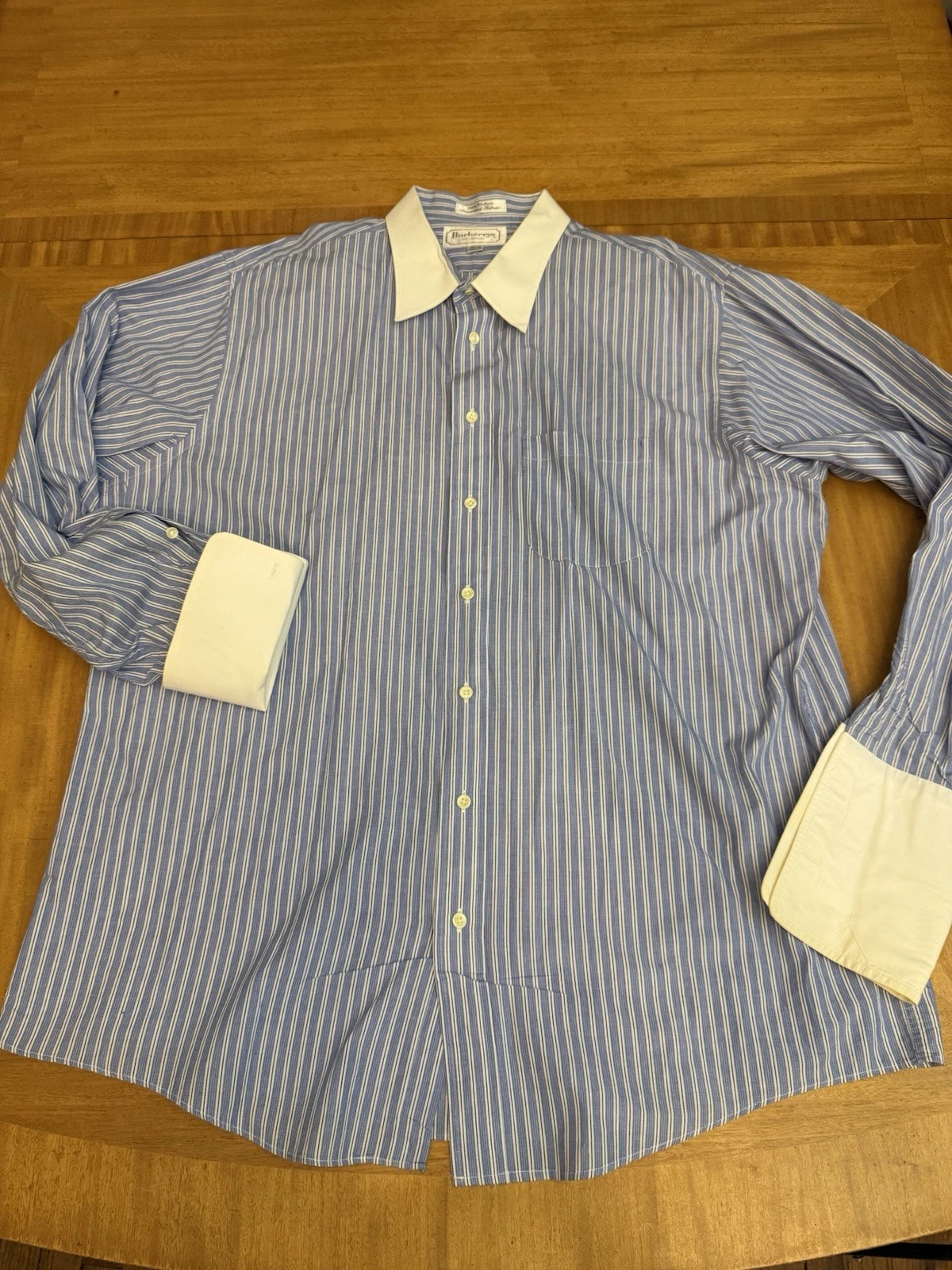 Camicia elegante vintage Burberrys of London uomo 16 5 33 righe blu colletto a contrasto