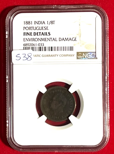 S38 Portuguese India  1/8 Tanga 1881  Luiz I  NGC Fine Details  KM#307
