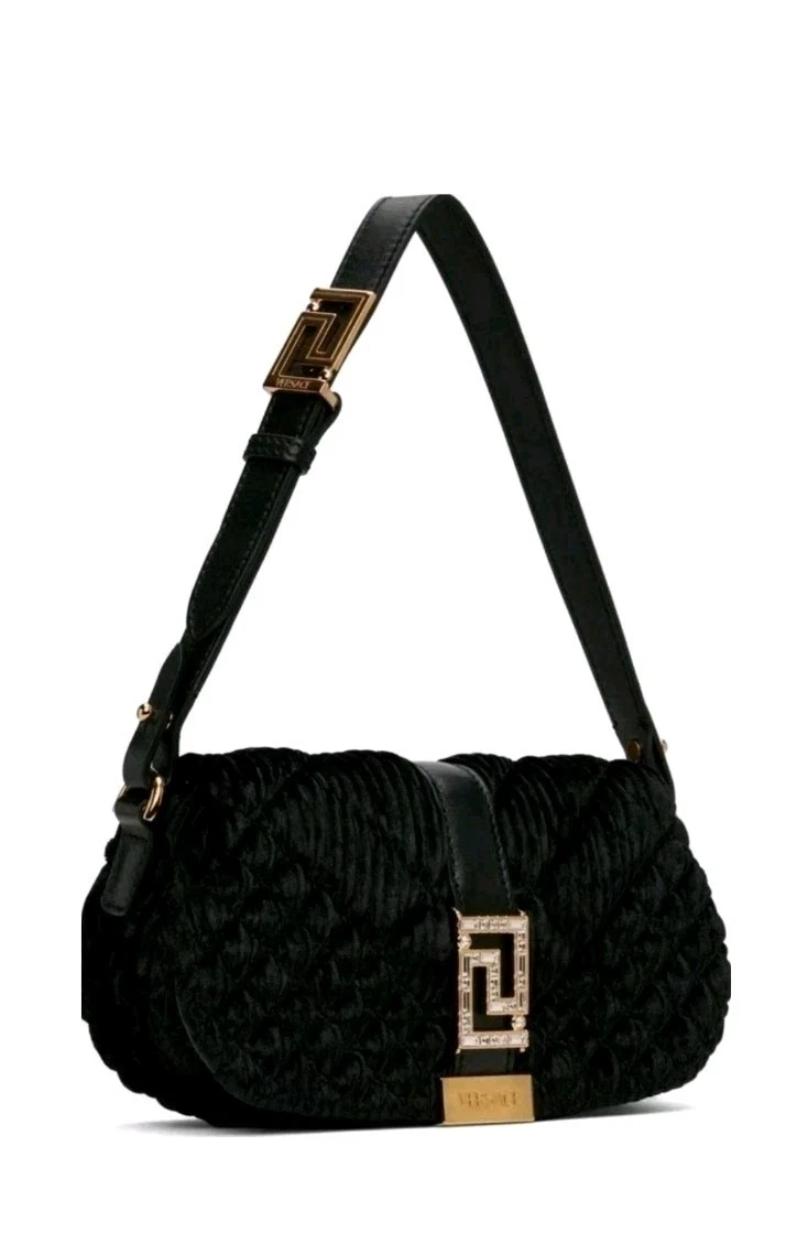 Versace — Versace Greca Goddess Bag Black Gold Quilted Velvet Shoulder Evening NWT $2.500