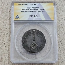 (ND) Captain Midnight 1940 Flight Patrol Skelly Spinner Medal ANACS HOLED EF 45