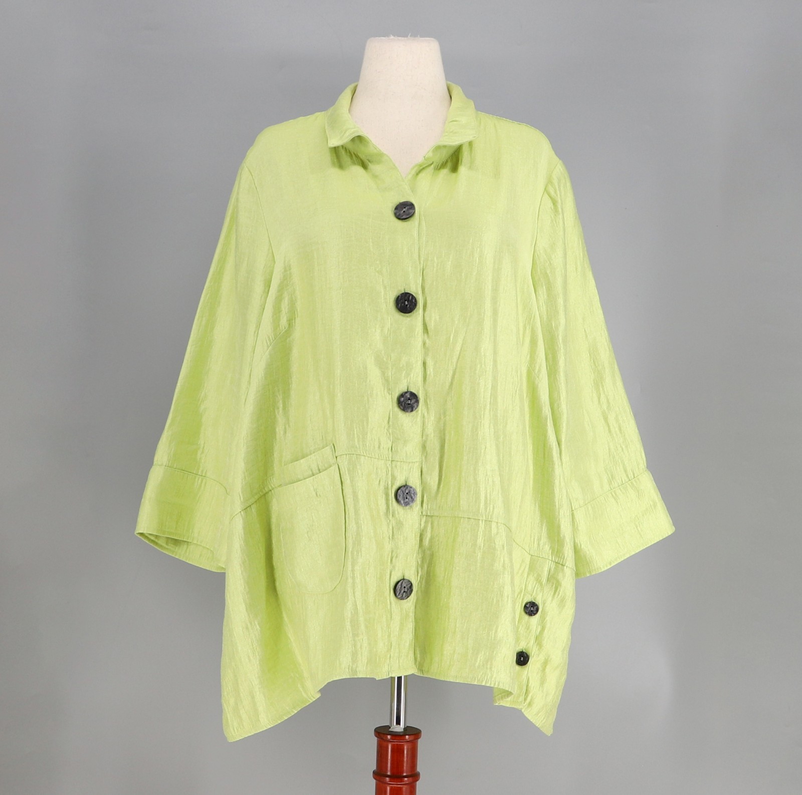 ALI MILES Crinkle Sheen Button Detail Jacket Tunic Top Lime Green Size 1X