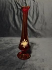 Fenton Ruby  Red Glass Floral Swung Vase. Hand Painted. Signed and stickers