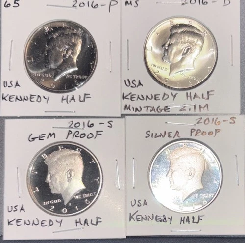 2016 P D S S Kennedy Half Dollar Silver & Clad Proof & BU P+D Four Coins