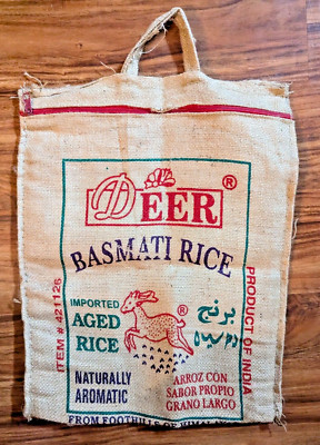 VINTAGE INDIA HIMALAYAS 17'' X 15'' DEER BASMATI RICE ZIPPER BURLAP SACK