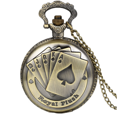 Men's Vintage Royal Flush Playing Poker Cards Quartz Pocket Watch Chain Necklace