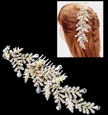 Long Crystal Rhinestone Hair Comb Wedding Bridal Cocktail Leaf Branch Pearl Drop